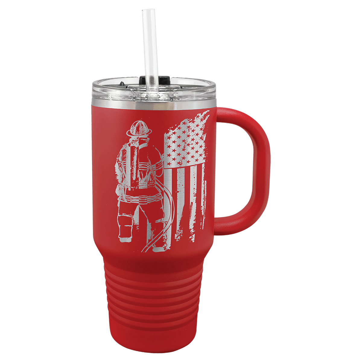 Personalized 32 oz insulated travel mug with handle and straw in red