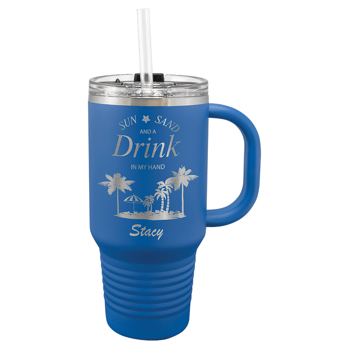 Personalized 32 oz insulated travel mug with handle and straw in royal blue