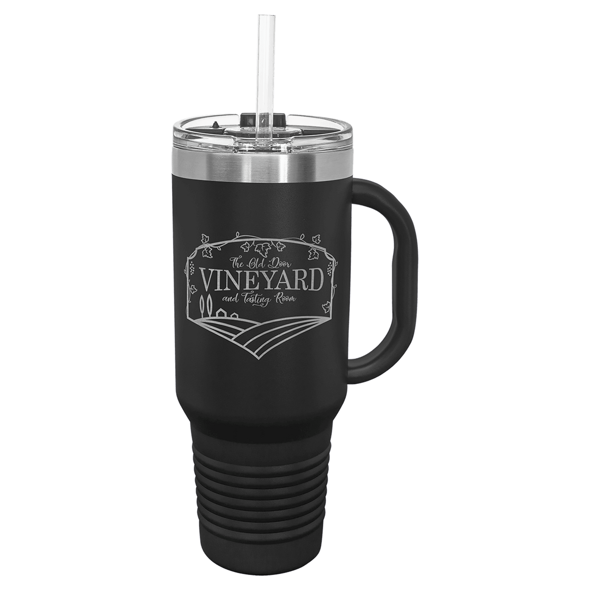 Personalized 40 oz insulated travel mug with handle and straw in black