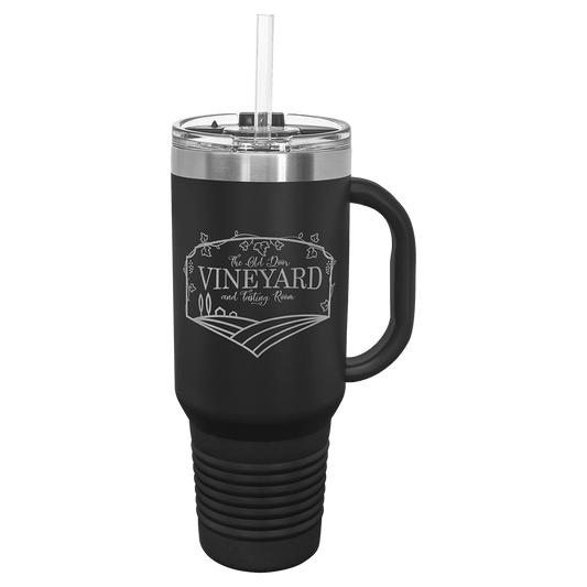 Personalized 40 oz insulated travel mug with handle and straw in black