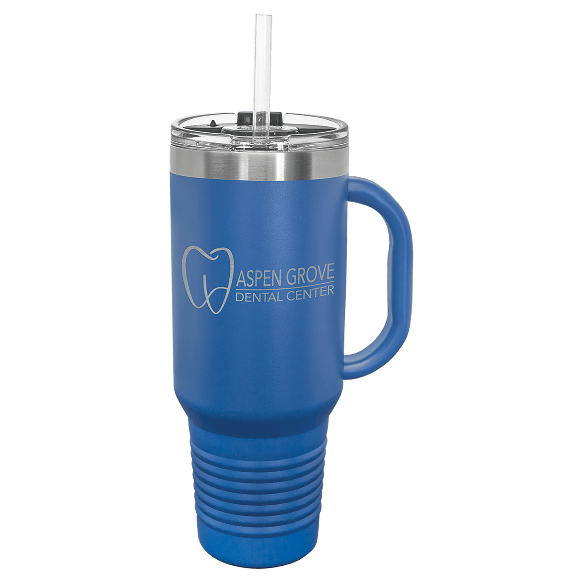 Personalized 40 oz insulated travel mug with handle and straw in royal blue