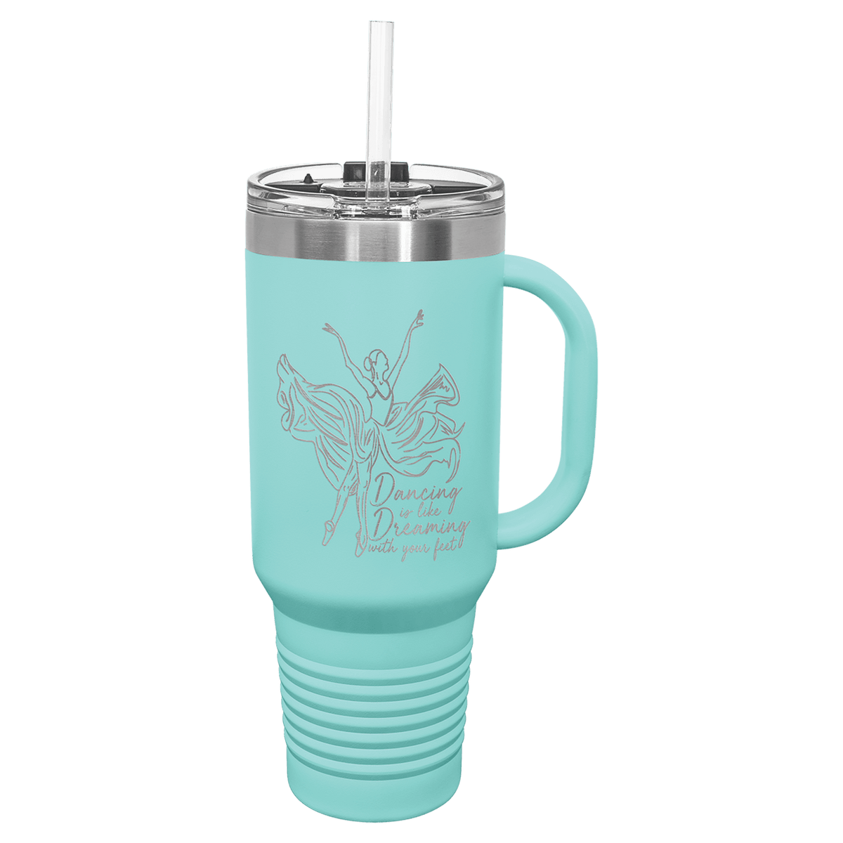 Personalized 40 oz insulated travel mug with handle and straw in teal