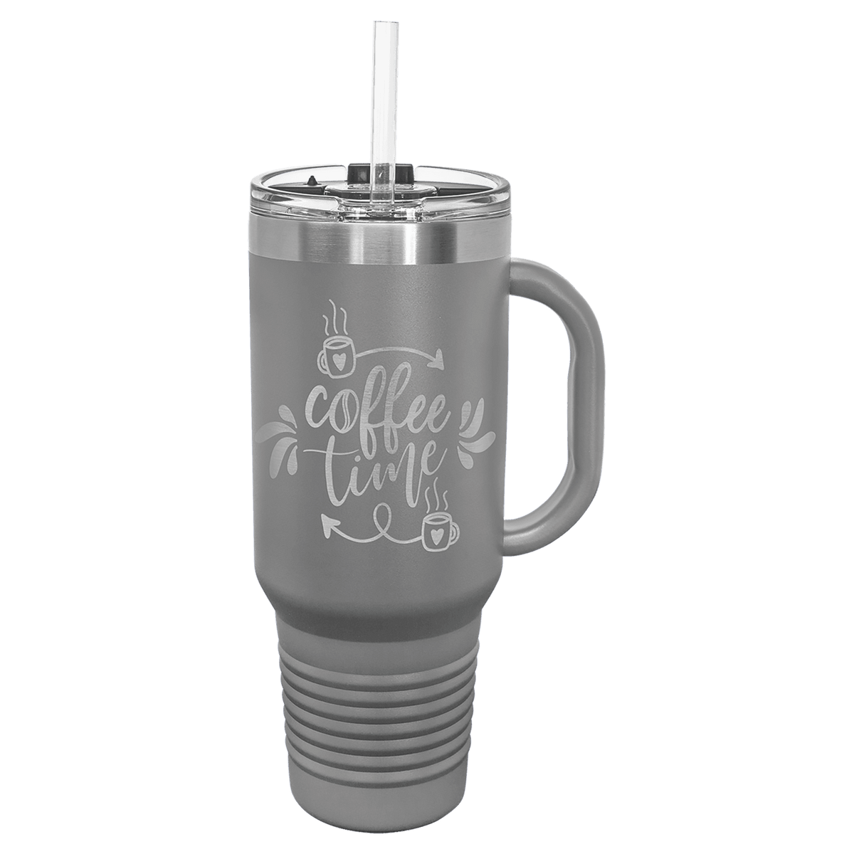 Personalized 40 oz insulated travel mug with handle and straw in dark gray