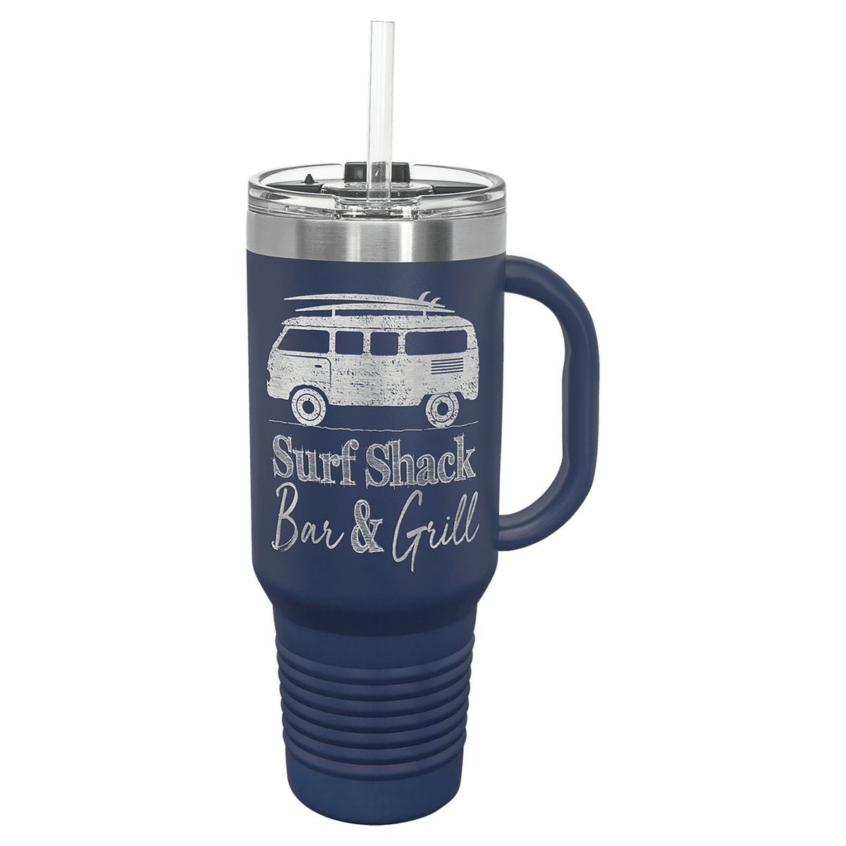 Personalized 40 oz insulated travel mug with handle and straw in navy blue
