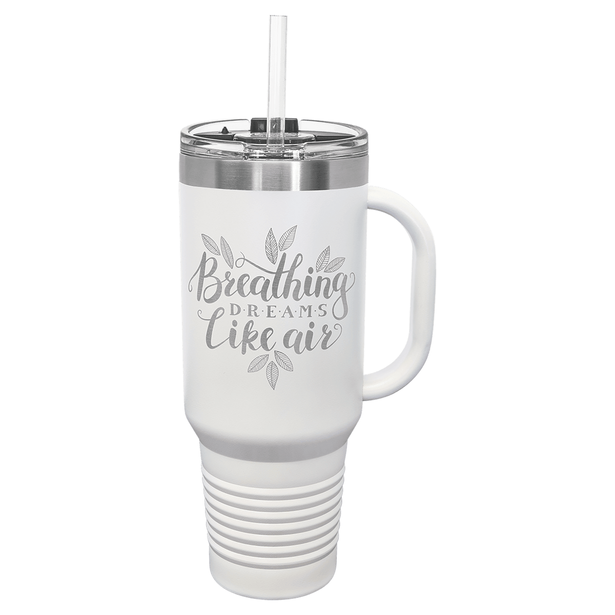 Personalized 40 oz insulated travel mug with handle and straw in white
