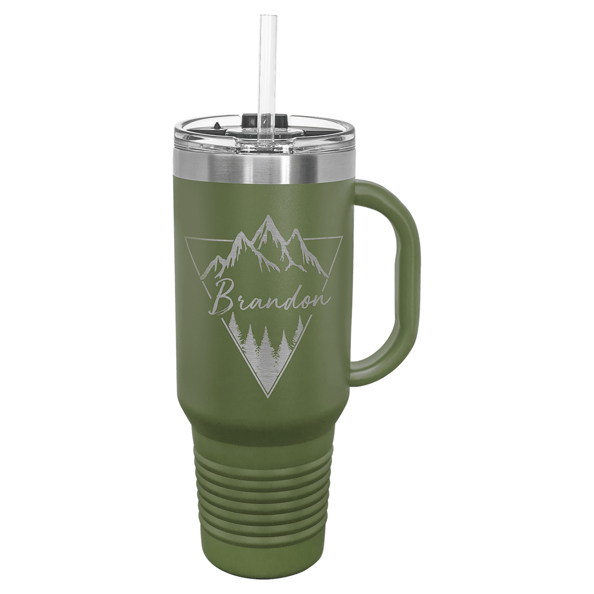 Personalized 40 oz insulated travel mug with handle and straw in olive green