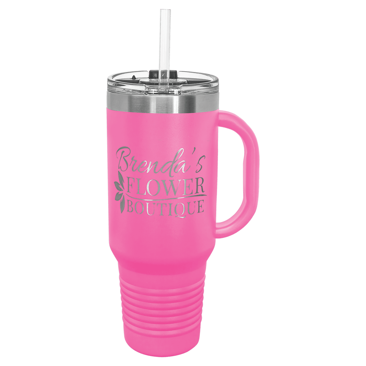 Personalized 40 oz insulated travel mug with handle and straw in pink