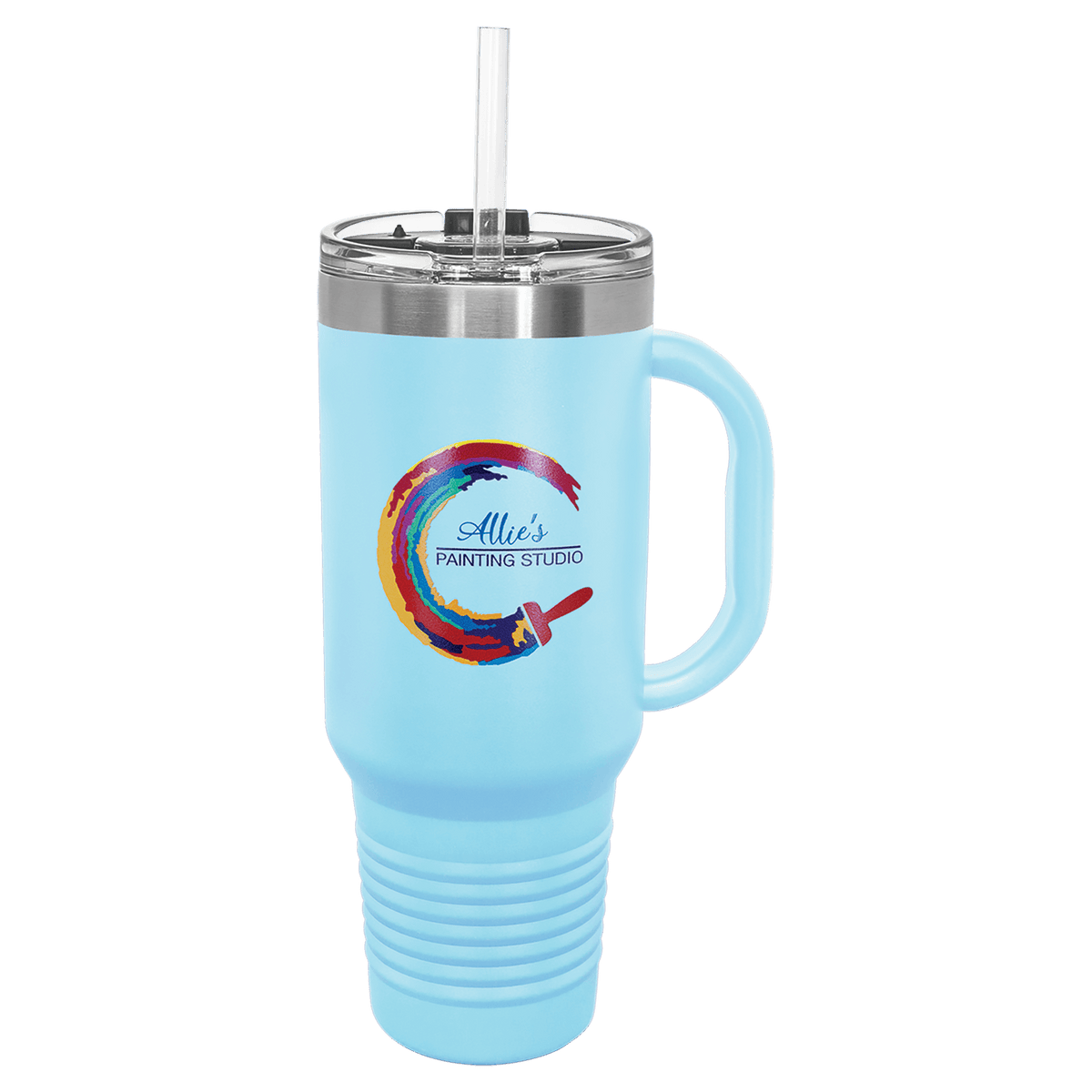 Personalized 40 oz insulated travel mug with handle and straw in light blue
