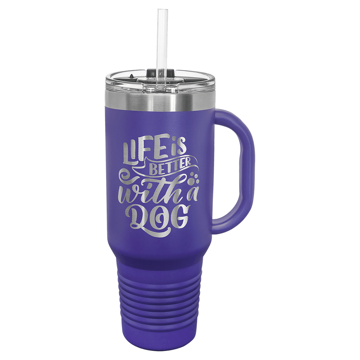 Personalized 40 oz insulated travel mug with handle and straw in purple