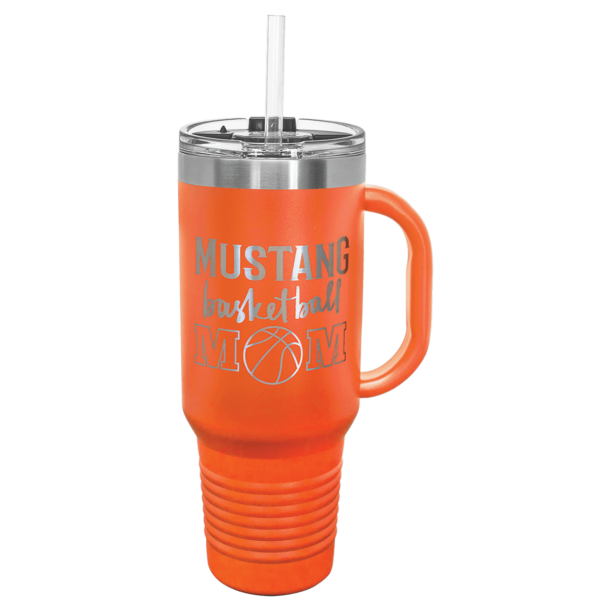 Personalized 40 oz insulated travel mug with handle and straw in orange