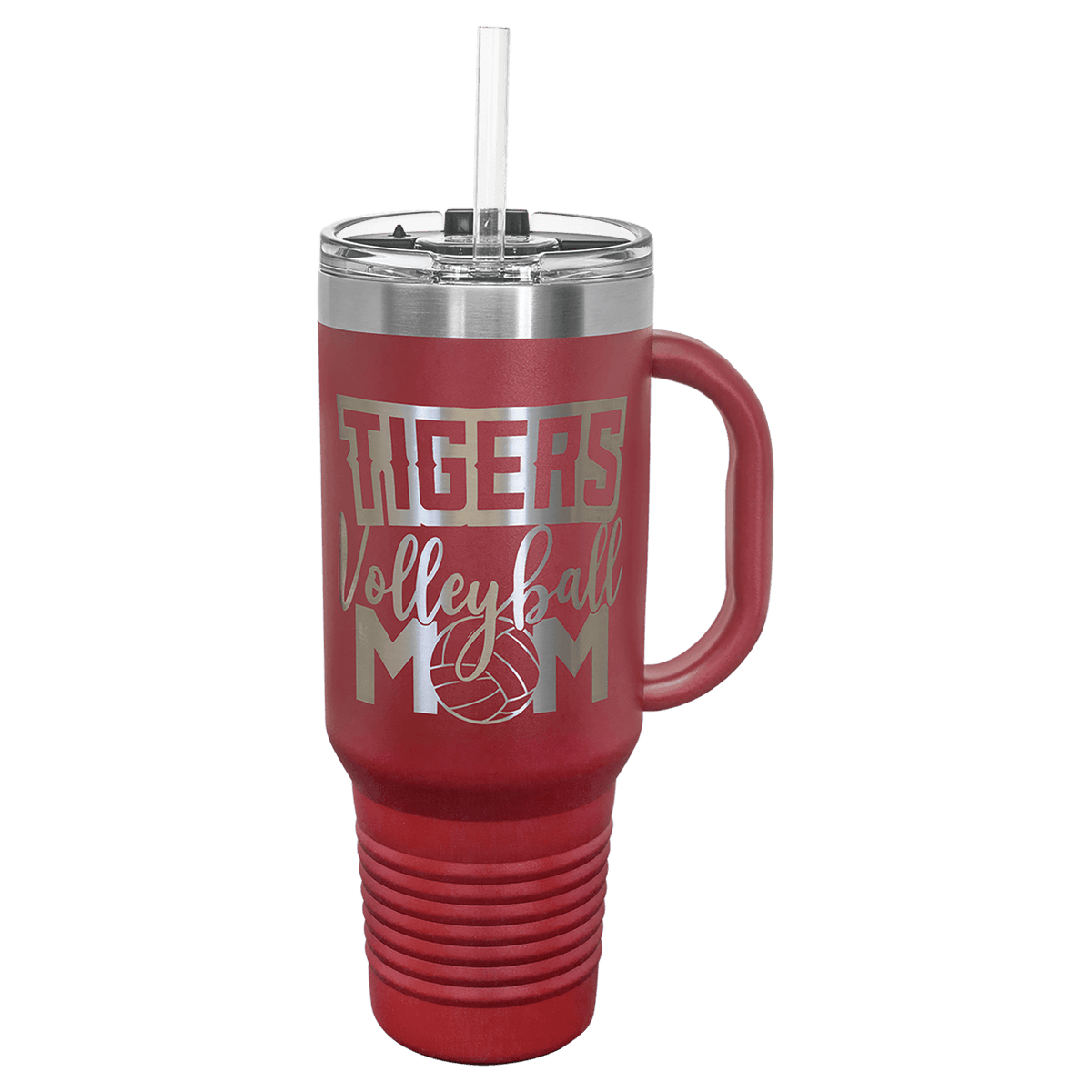 Personalized 40 oz insulated travel mug with handle and straw in maroon