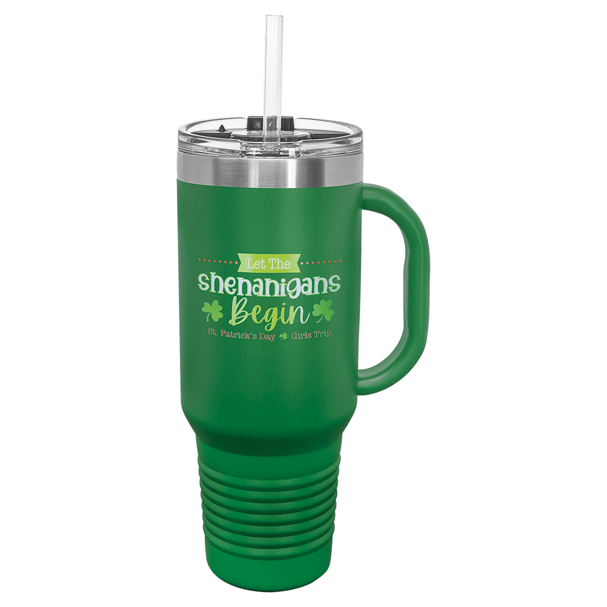 Personalized 40 oz insulated travel mug with handle and straw in green