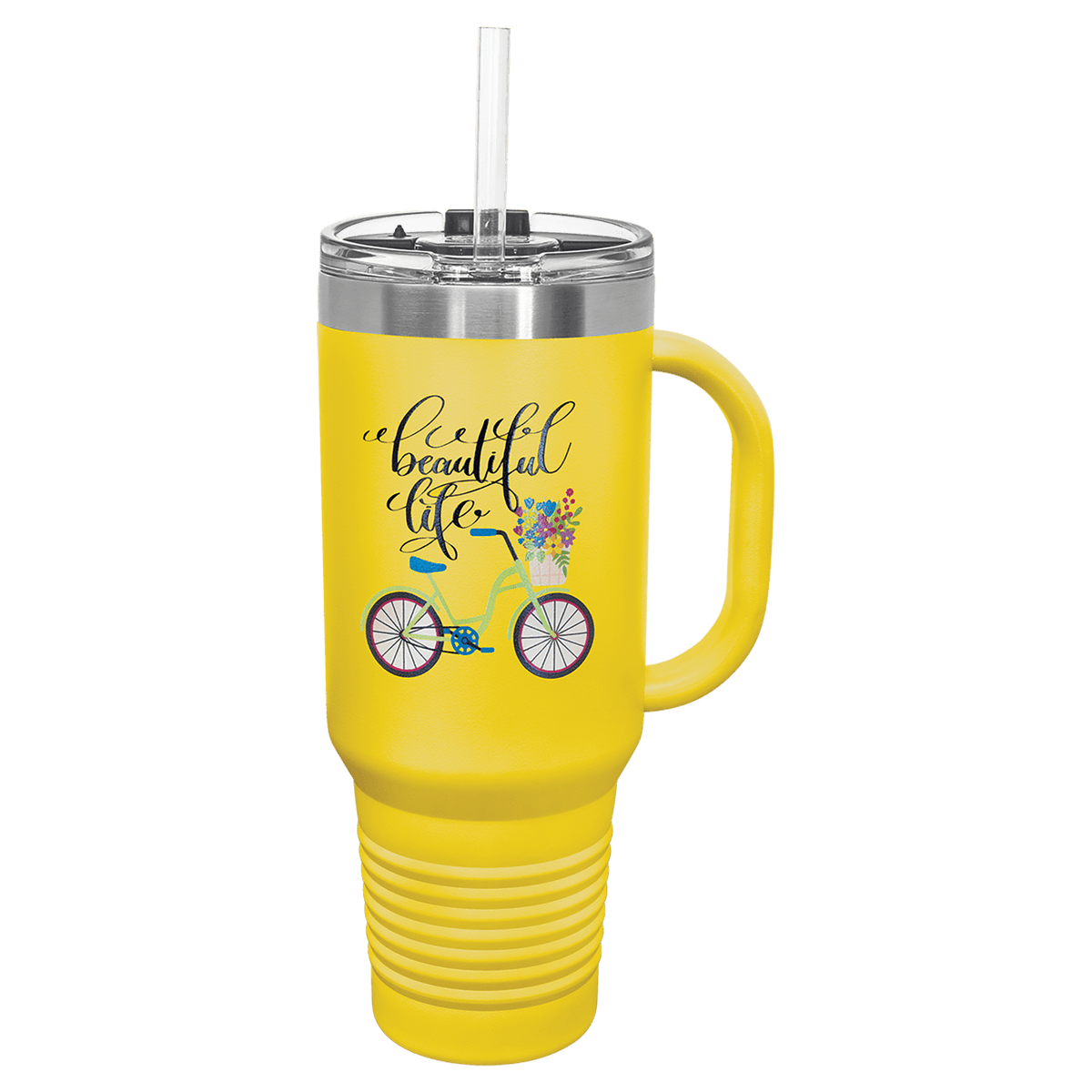 Personalized 40 oz insulated travel mug with handle and straw in yellow