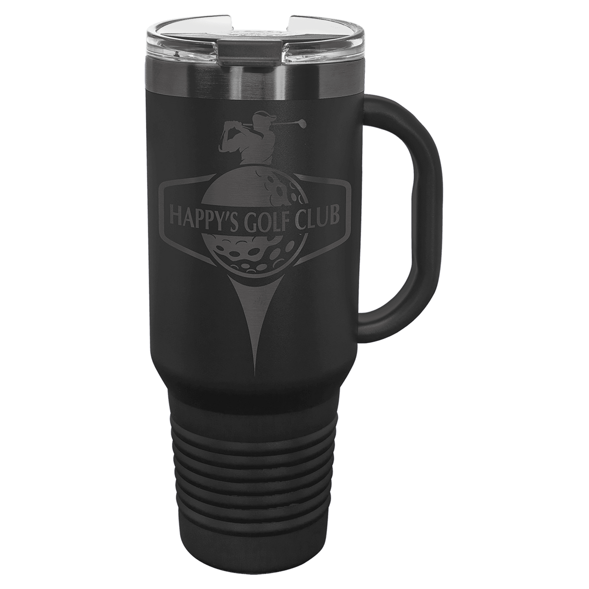 Personalized 40 oz. travel mug in black with ghost black engraving