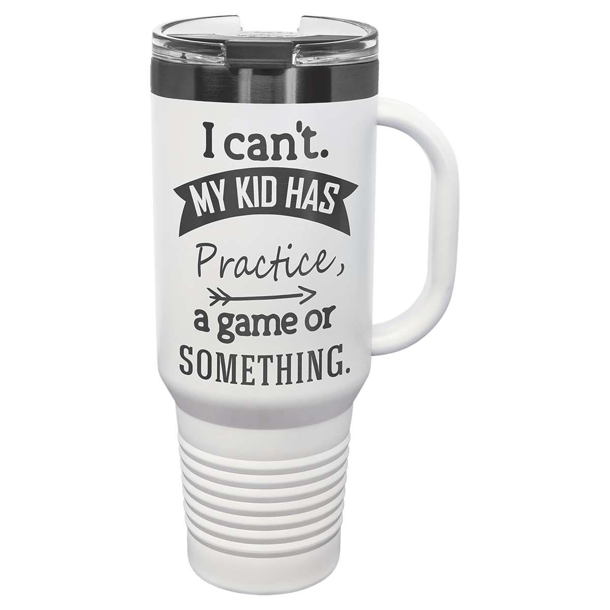 Personalized 40 oz. travel mug in white with ghost black engraving