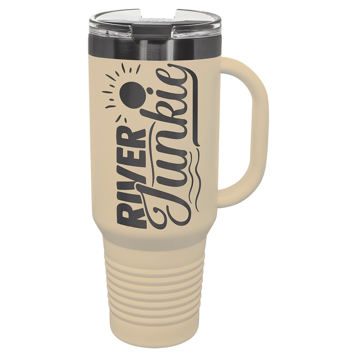 Personalized 40 oz. travel mug in warm sand with ghost black engraving