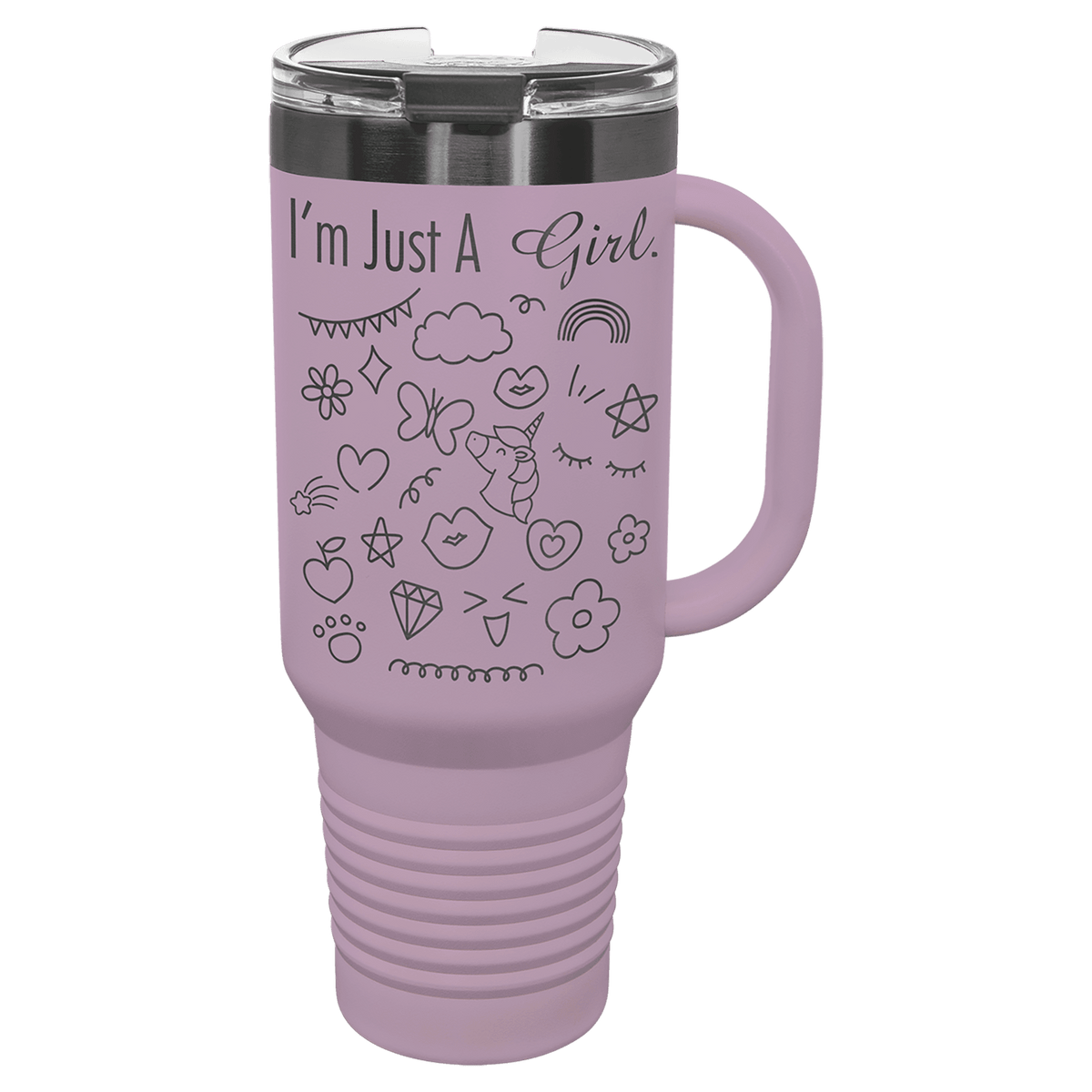 Personalized 40 oz. travel mug in moody lilac with ghost black engraving