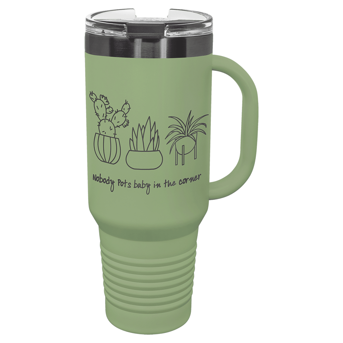 Personalized 40 oz. travel mug in summer sage with ghost black engraving