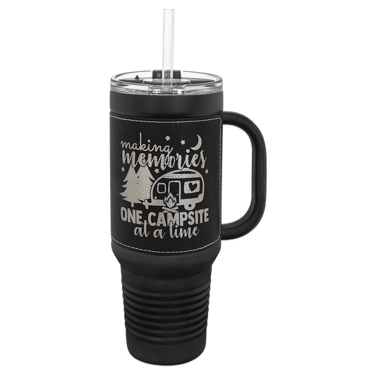 Personalized black 40 oz travel mug with black/silver leatherette wrap
