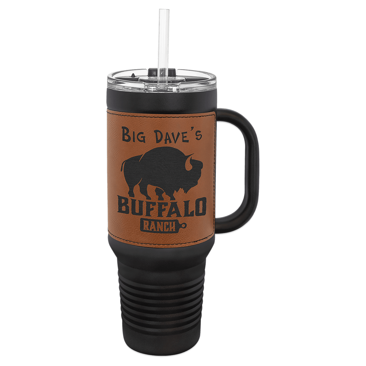 Personalized black 40 oz travel mug with rawhide leatherette wrap
