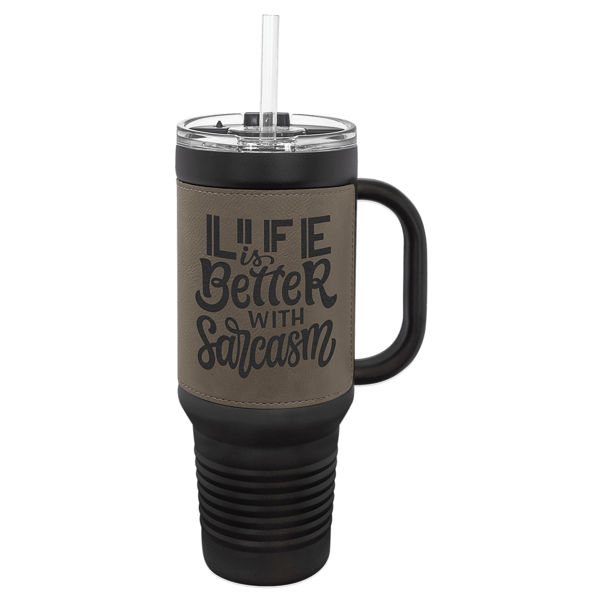Personalized black 40 oz travel mug with gray leatherette wrap