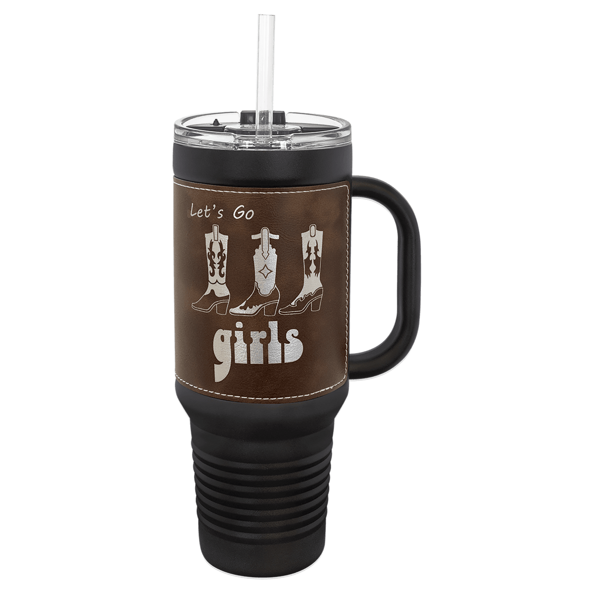 Personalized black 40 oz travel mug with rustic/silver leatherette wrap
