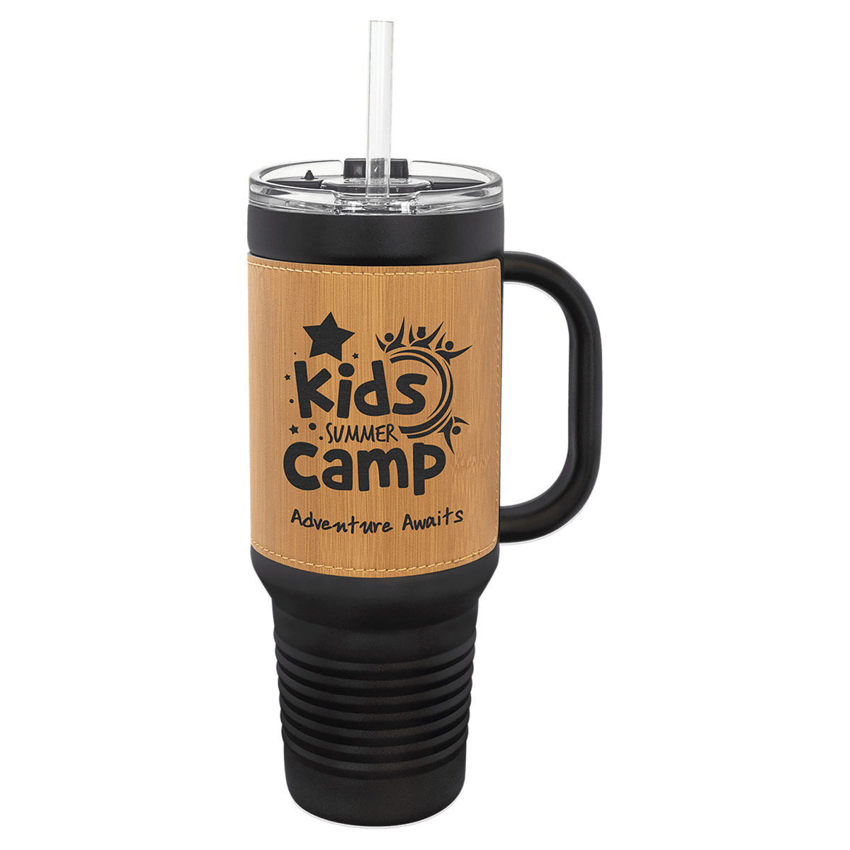 Personalized black 40 oz travel mug with bamboo leatherette wrap