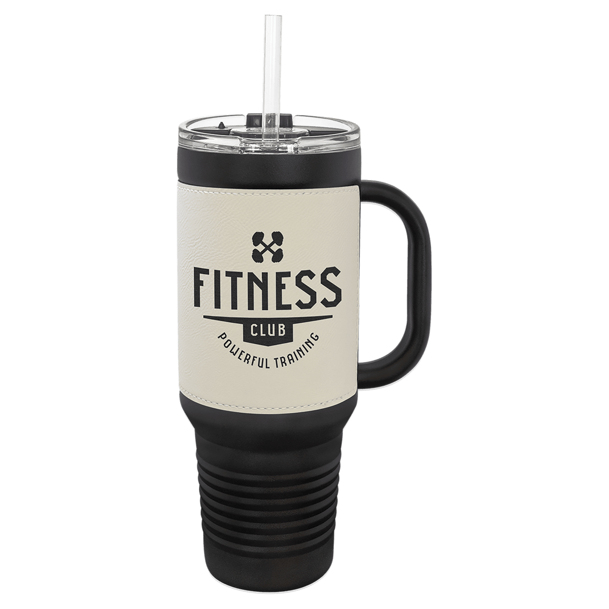 Personalized black 40 oz travel mug with white/black leatherette wrap