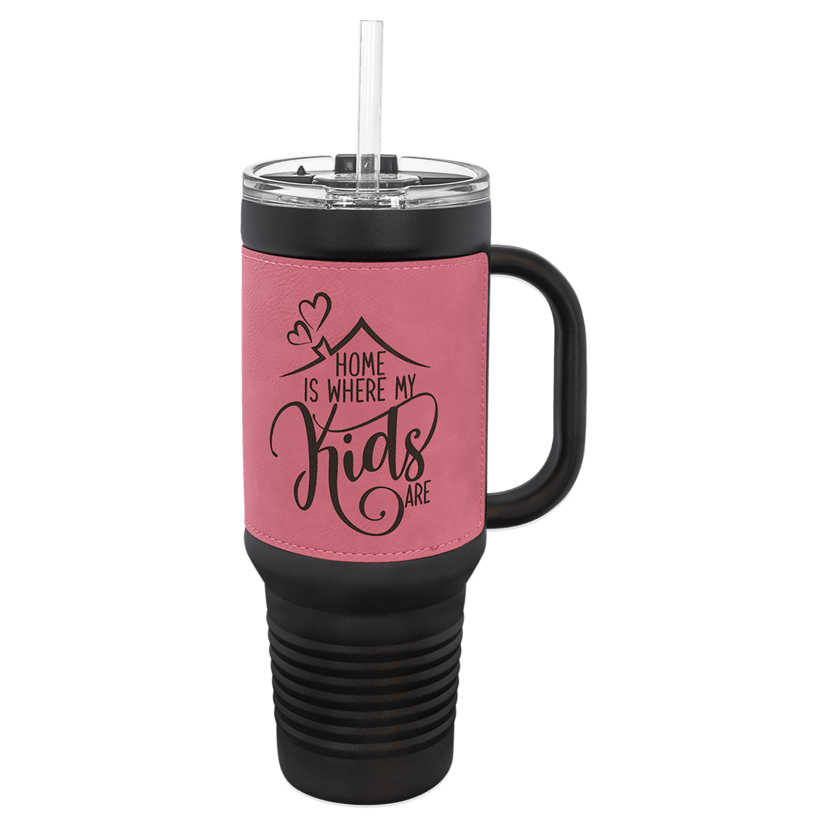 Personalized black 40 oz travel mug with pink leatherette wrap