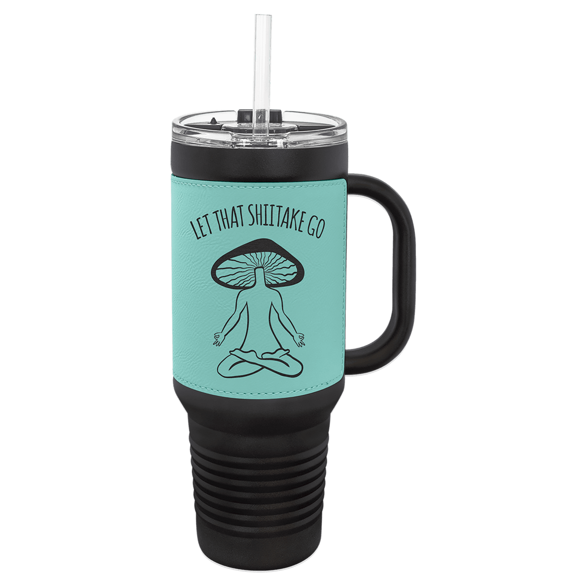 Personalized black 40 oz travel mug with teal leatherette wrap
