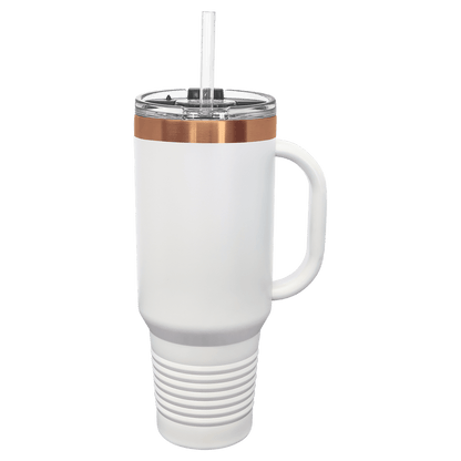 White 40 oz tumbler with a rose gold accent