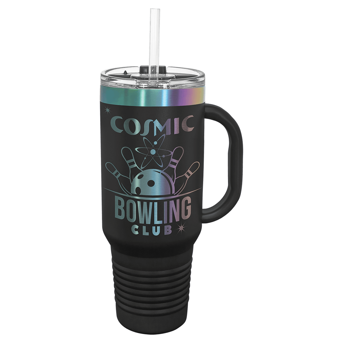Personalized 40 oz. travel mug in black with prism iridescent engraving