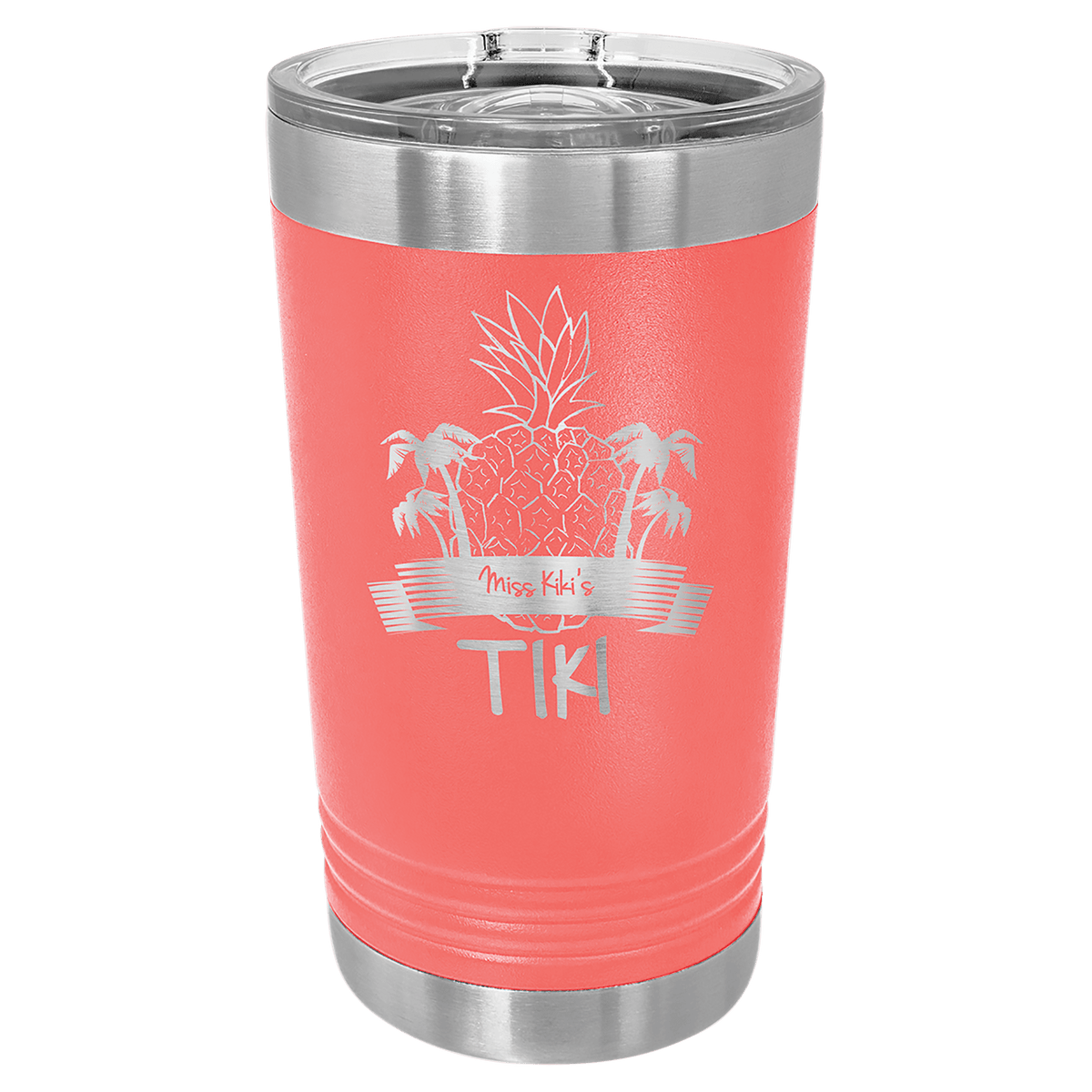Personalized 16 oz insulated pint with slider lid in coral