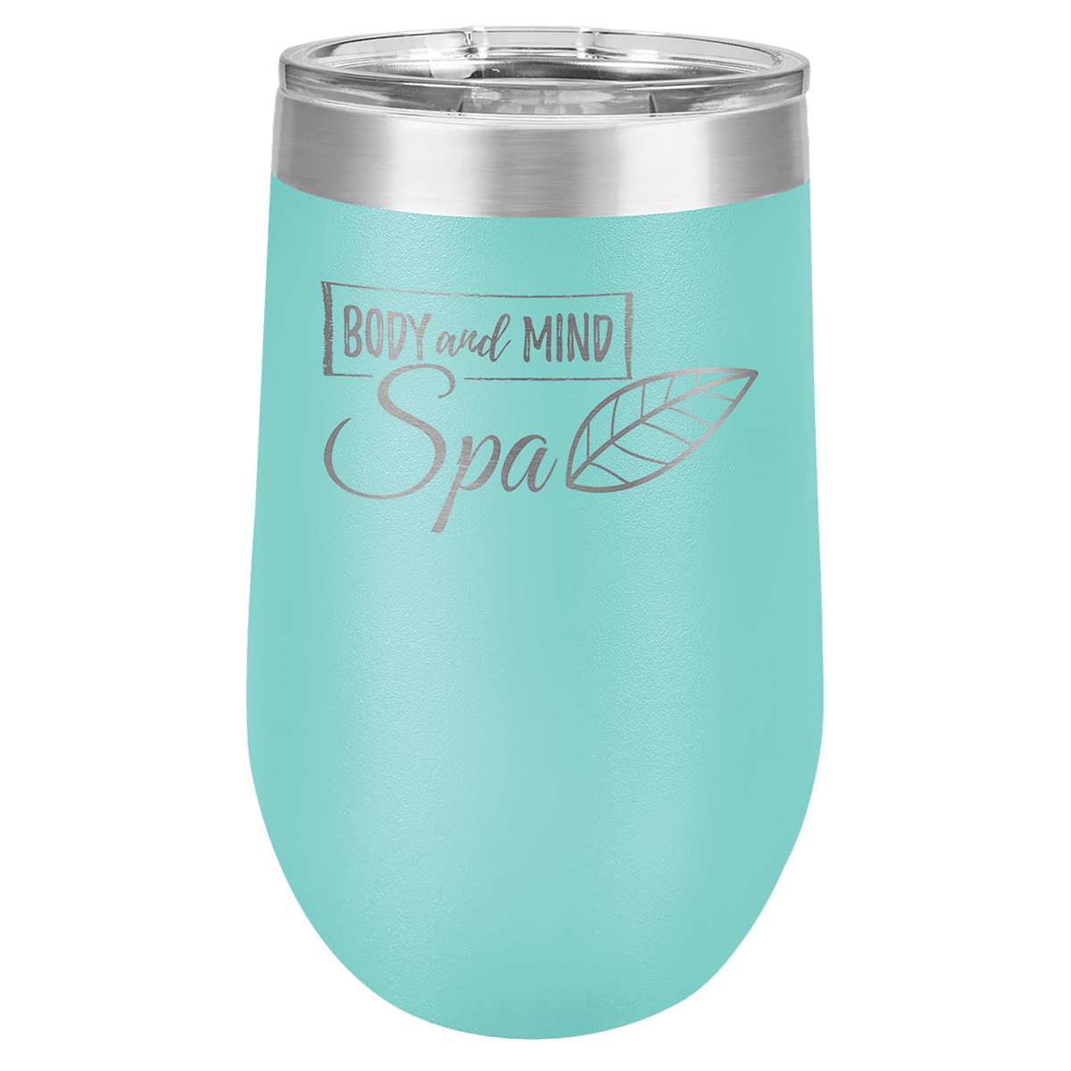 Personalized 16 oz insulated stemless tumbler in teal