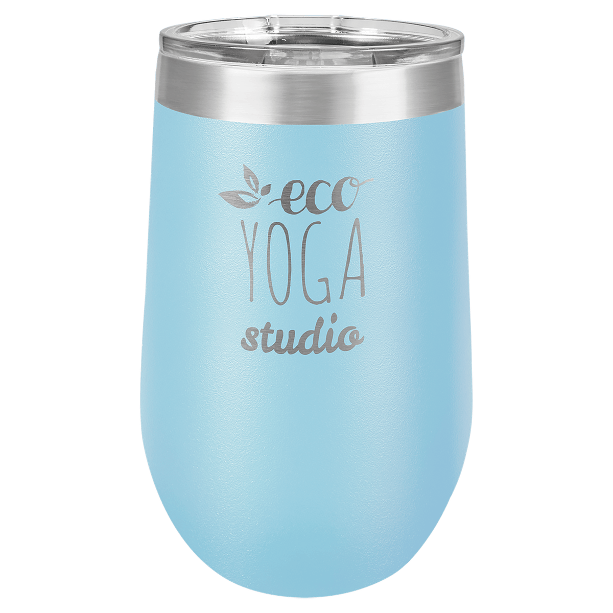 Personalized 16 oz insulated stemless tumbler in light blue