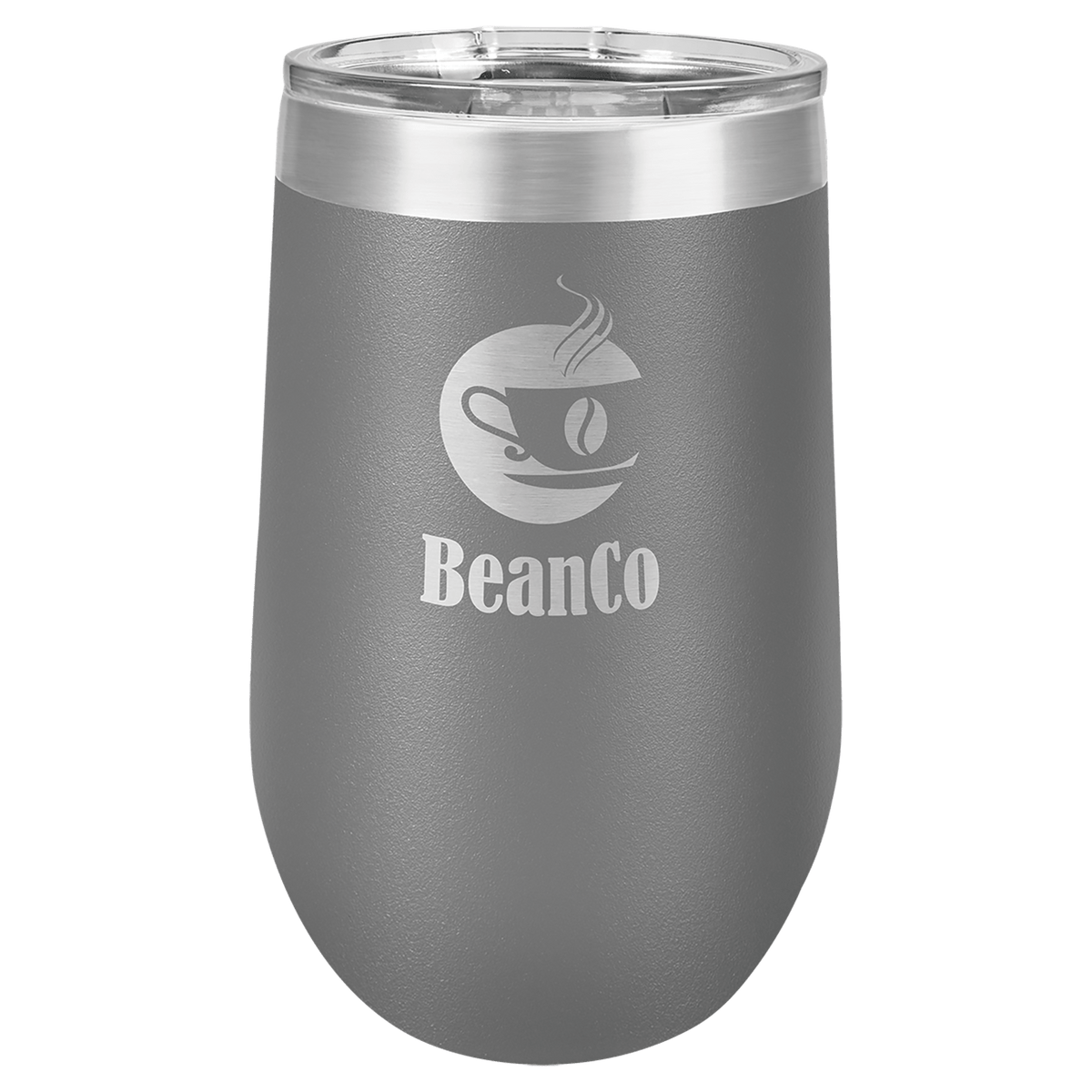 Personalized 16 oz insulated stemless tumbler in dark gray