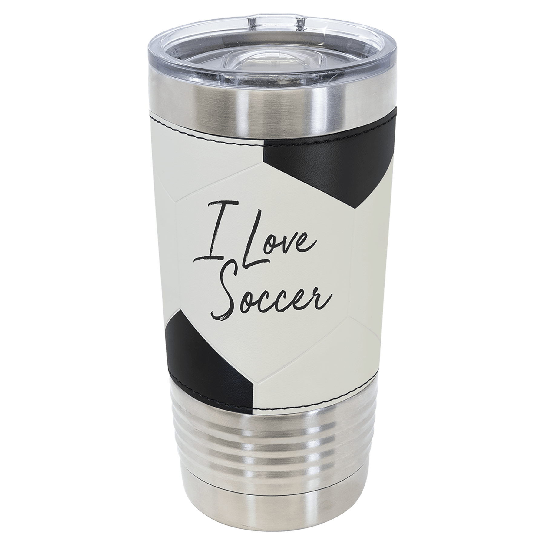 20 oz stainless steel tumbler with soccer ball design and slider lid