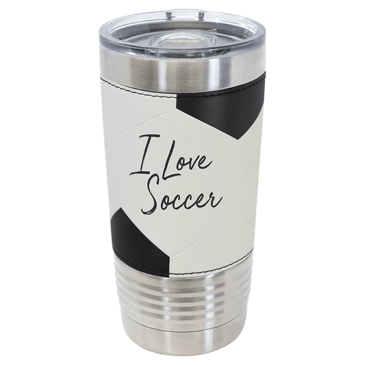 20 oz stainless steel tumbler with soccer ball design and slider lid