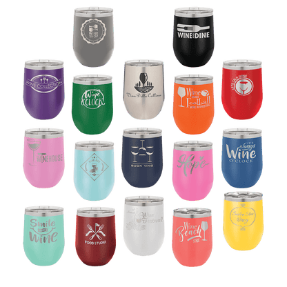 Collection of colorful wine tumblers with various designs