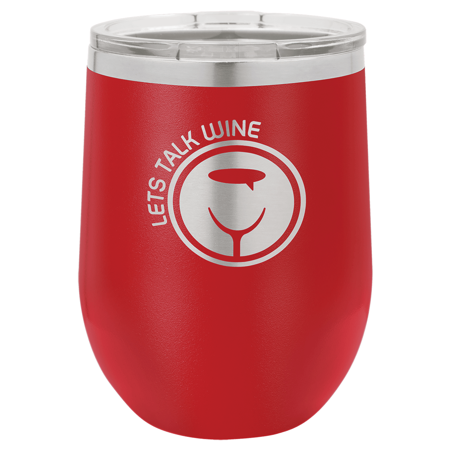 Red wine tumbler with 'Let's Talk Wine' logo