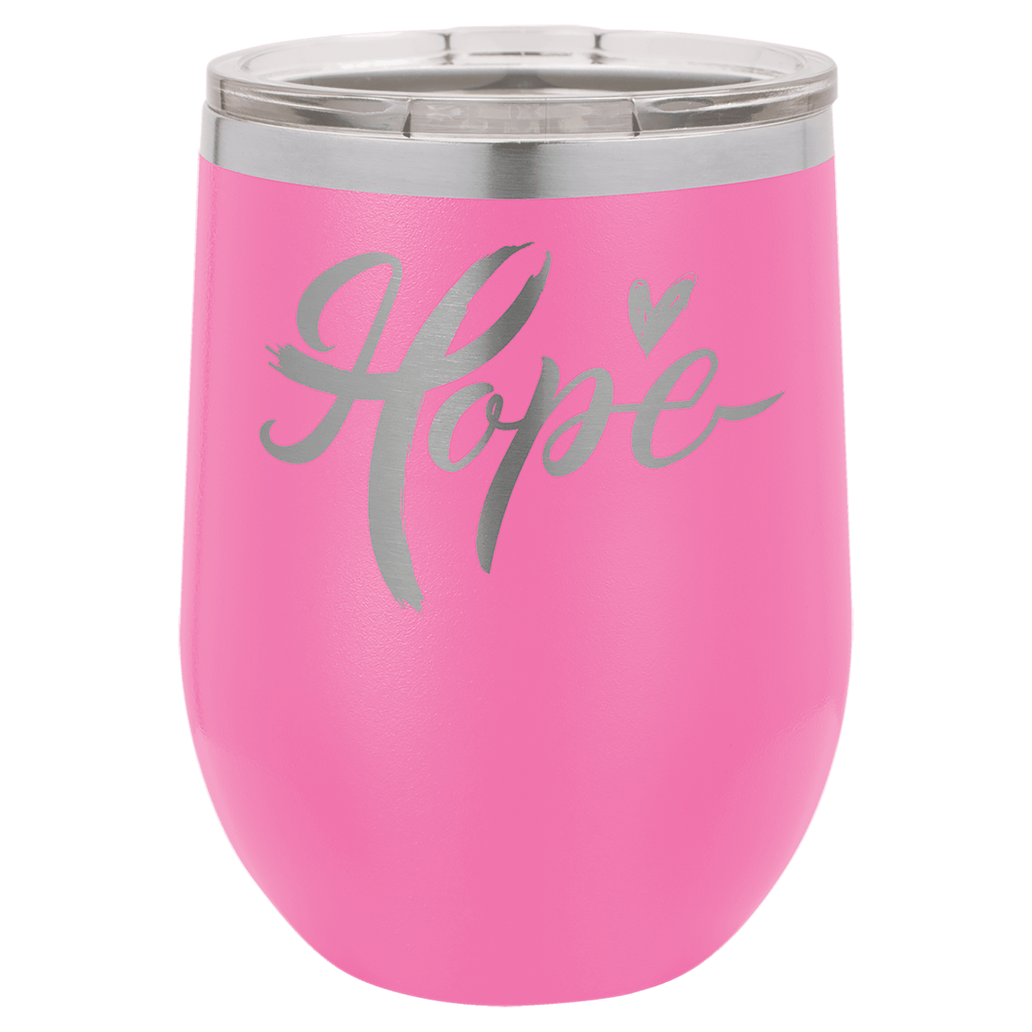 Pink tumbler with 'Hope' and a heart design on a clear background