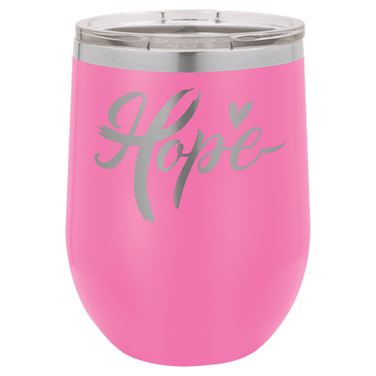 Pink tumbler with 'Hope' and a heart design on a clear background