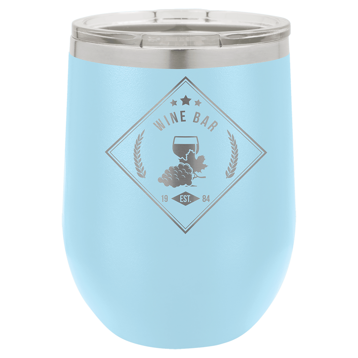Light blue wine tumbler with 'Wine Bar' engraving on a green background