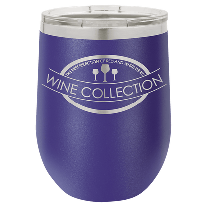 Purple wine tumbler with 'Wine Collection' text and graphics on a white background