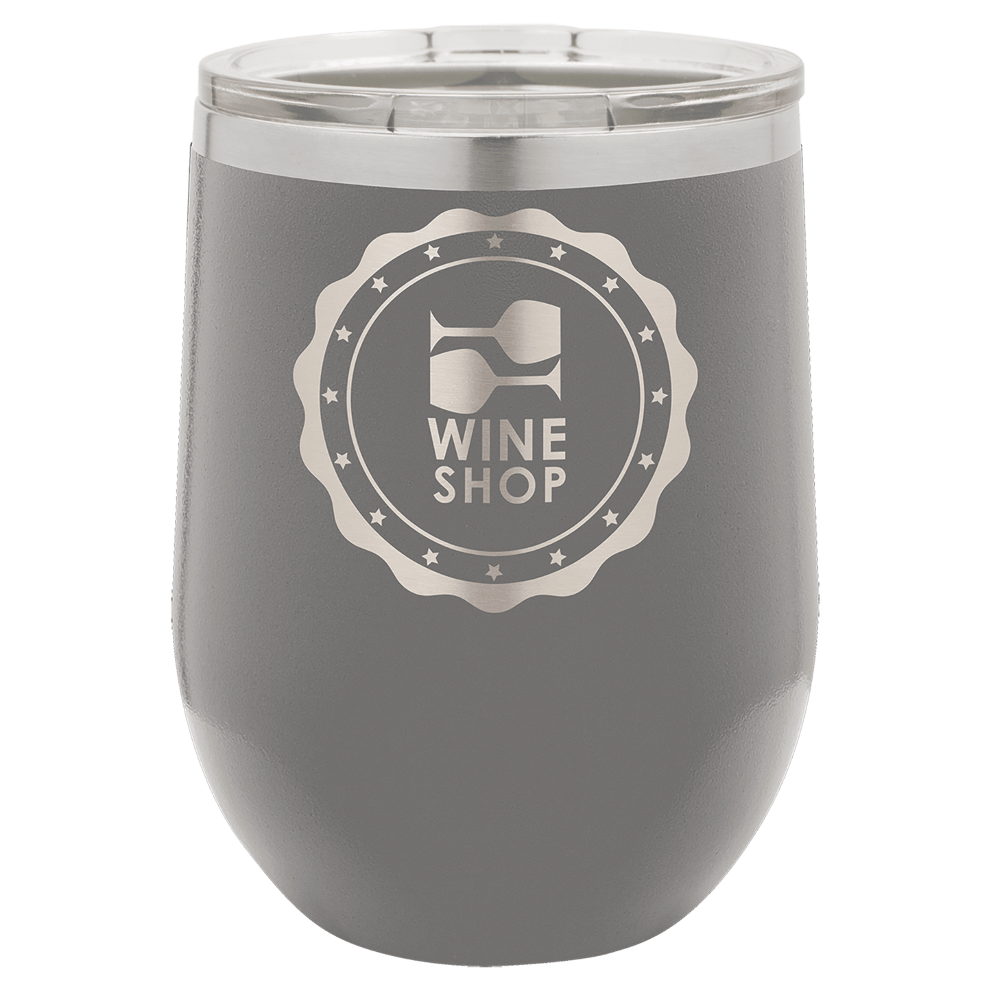 Gray tumbler with 'Wine Shop' logo on a transparent background