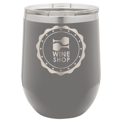 Gray tumbler with 'Wine Shop' logo on a transparent background