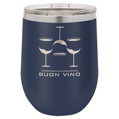 Navy blue tumbler with white wine glass design and 'Buon Vino' text on a white background