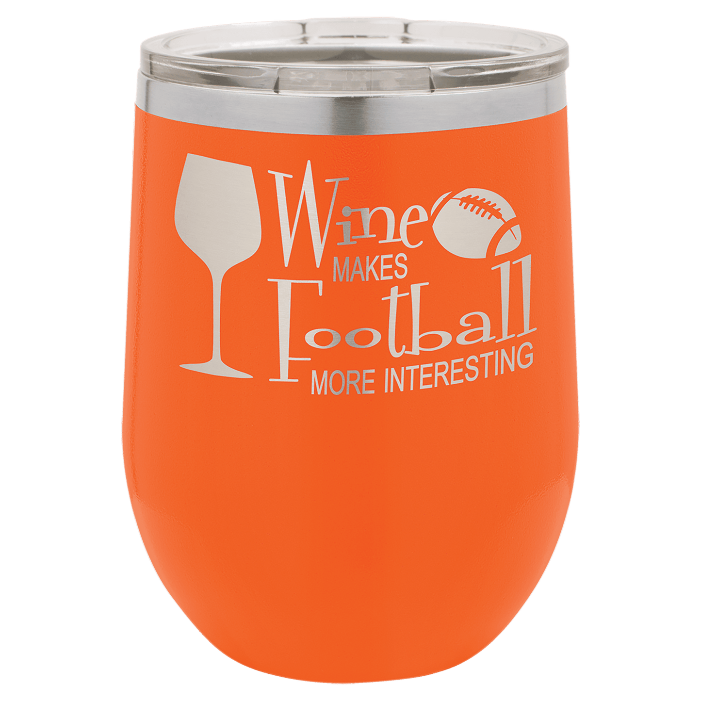 Orange tumbler with text and graphics on a green background