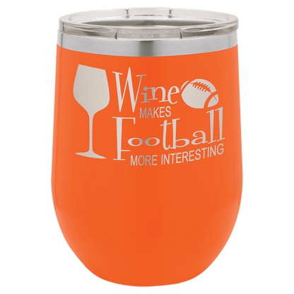 Orange tumbler with text and graphics on a green background