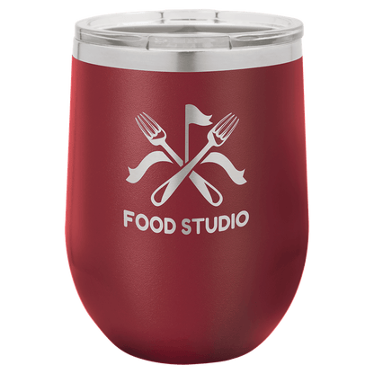 Maroon insulated tumbler with 'Food Studio' logo on a white background